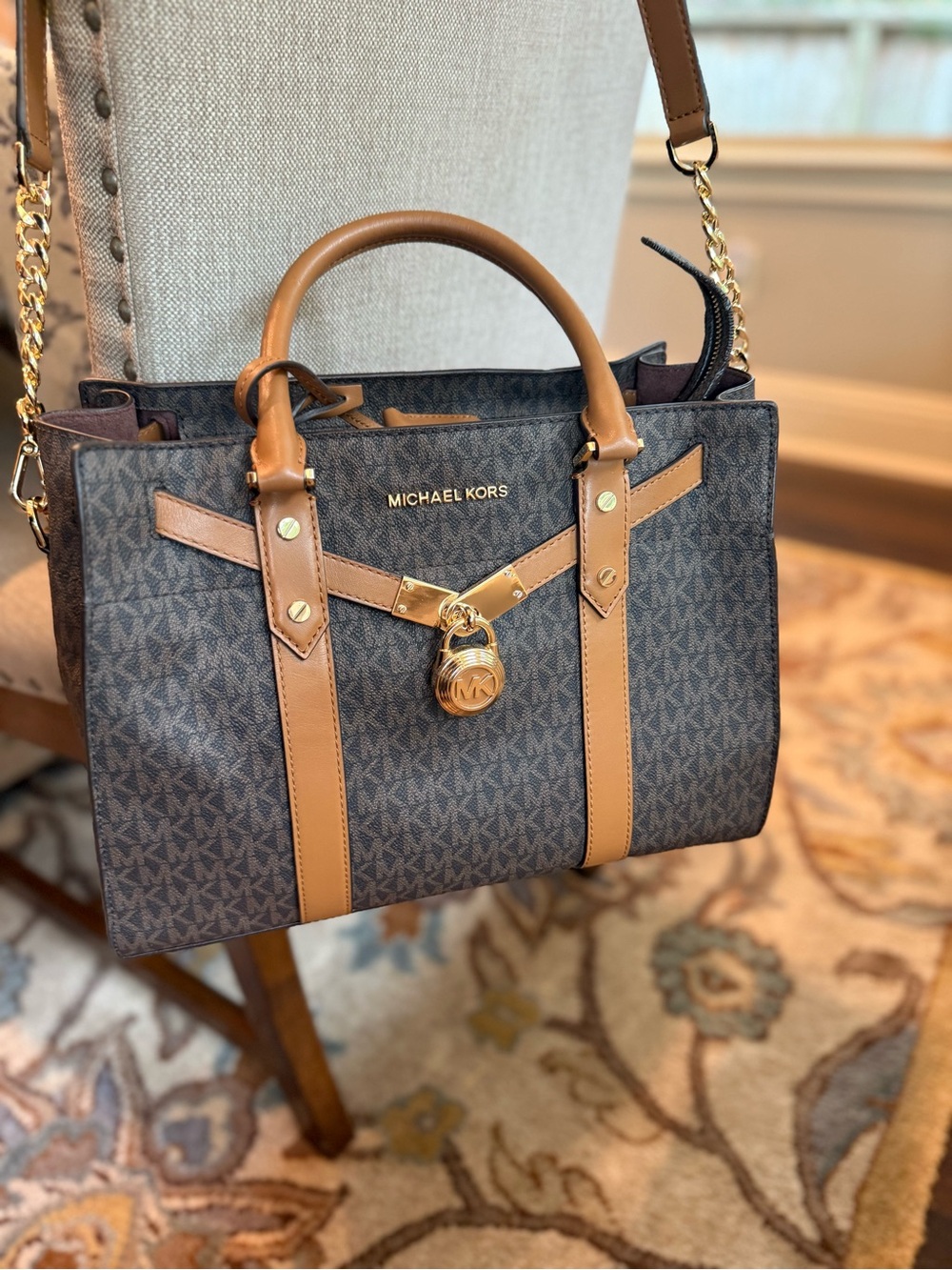 Michael Kors Dark Brown Monogram Satchel with Tan Trim